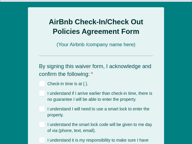 Airbnb Check-In Check Out Policies Agreement Form