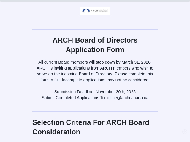 ARCH Board of Directors – Application Form