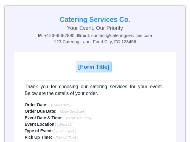Catering Services Order Confirmation