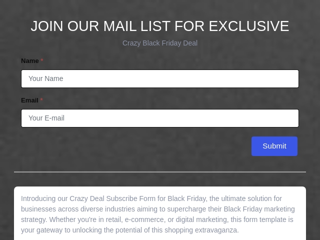 Crazy Deal Subscribe Form for Black Friday