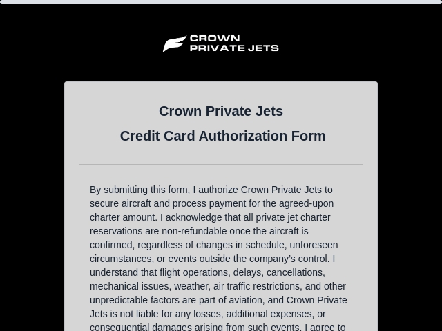 Crown Private Jets Credit Card Authorization Form