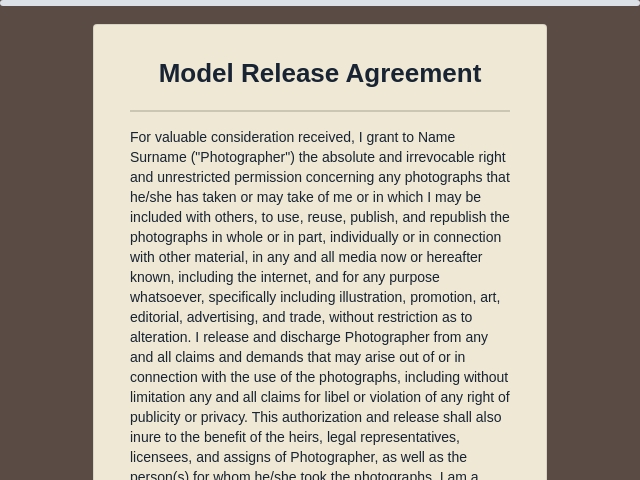 Model Release Agreement Form