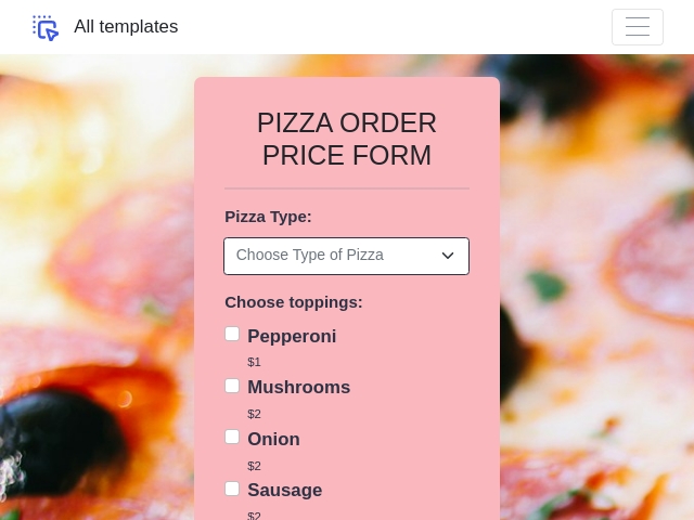 PIZZA ORDER PRICE FORM