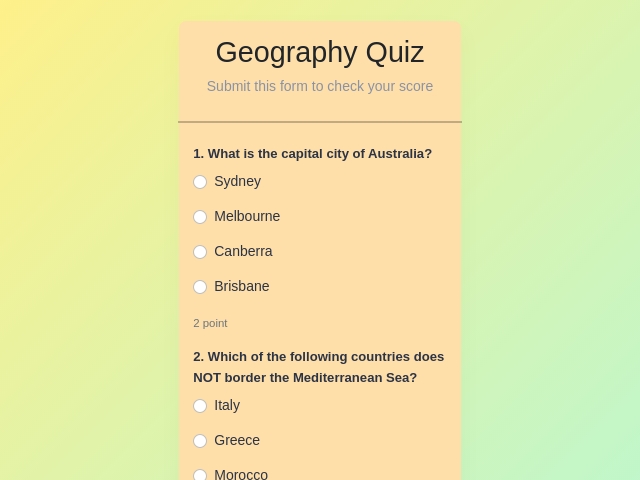 Quiz form with a calculated number of correct answers