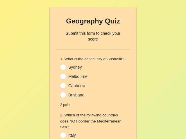 Quiz form with a calculated number of correct answers