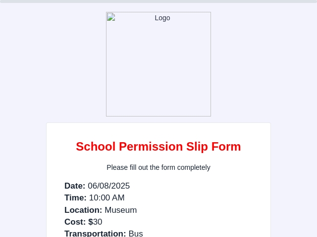 School Permission Slip Form