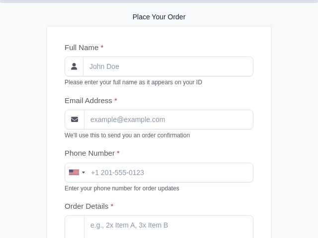 Shopping Cart Order Form with WhatsApp