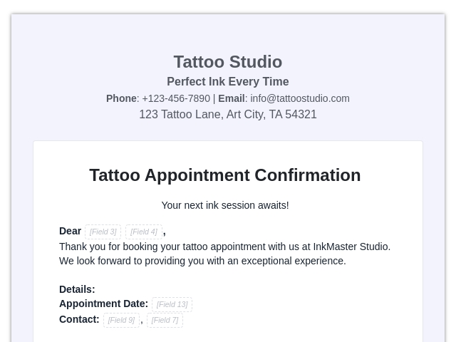 Tattoo Appointment Confirmation